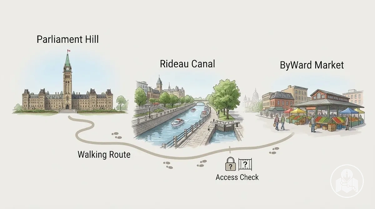 1. gün Ottawa merkez rotası: Parliament Hill, Rideau Canal ve ByWard Market sırası.