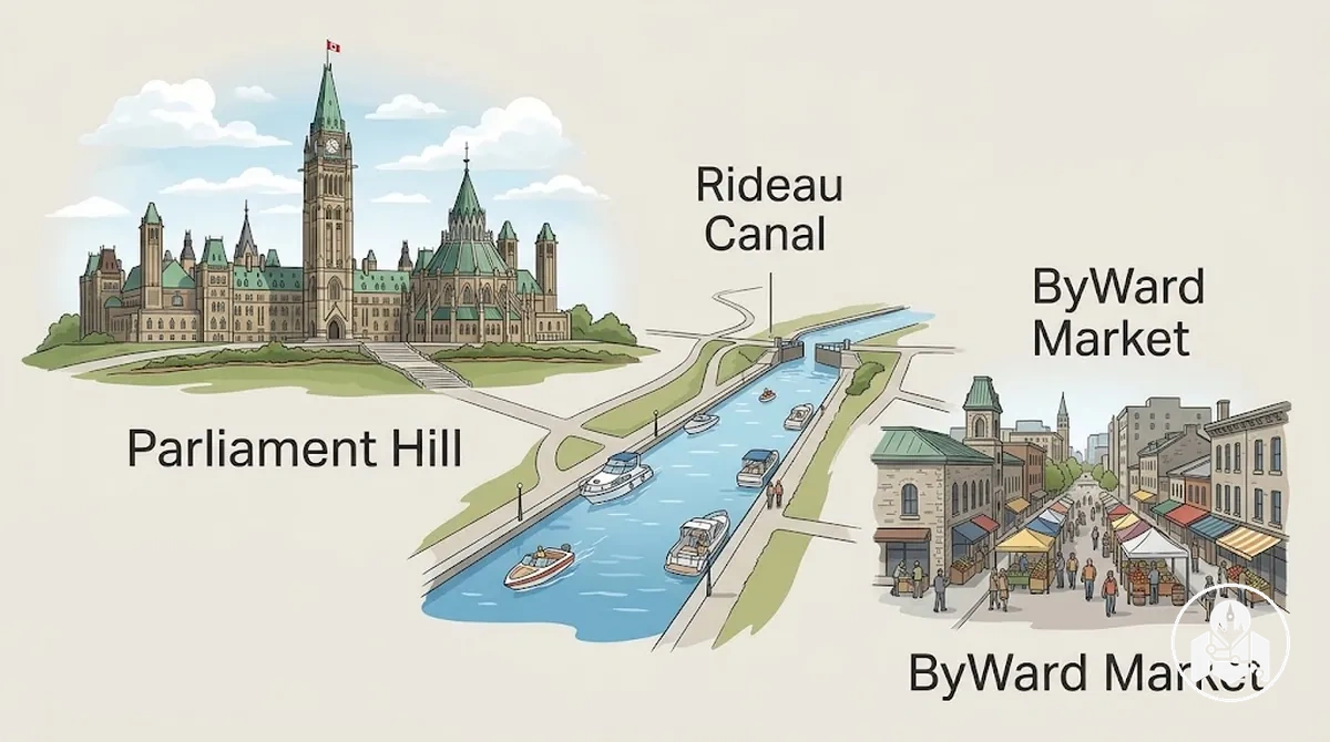 Parliament Hill, Rideau Canal ve ByWard Market, bağlantılı merkezi Ottawa öncelikli gezilecek yerler olarak gösteriliyor