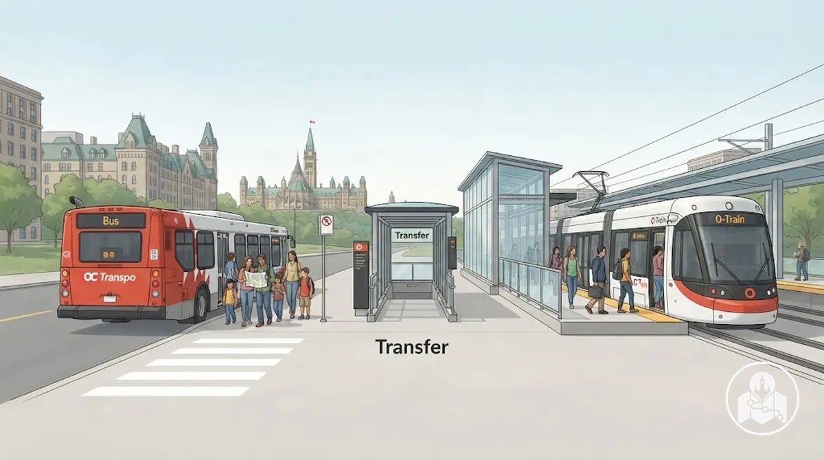 Ottawa'da ziyaretçi seyahati için kullanılan OC Transpo otobüsü ve O-Train.